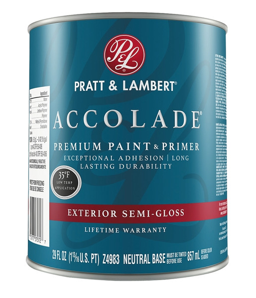 Pratt & Lambert Accolade Z4900 0000Z4983-44 Exterior Premium Paint and Primer, Semi-Gloss, Neutral Base, 1 qt [SKU: ORG4523080]