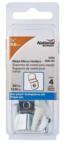 National Hardware V2558 Series N260-364 Hidden Mirror Holder, 30 lb, Steel, Zinc, Wall Mounting [SKU: ORG7165483]