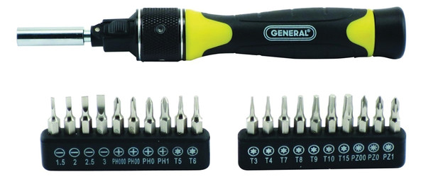 GENERAL 70210 Ratcheting Screwdriver, Dual, Multi-Bit Drive, 6-3/4 in OAL [SKU: ORG7115710]
