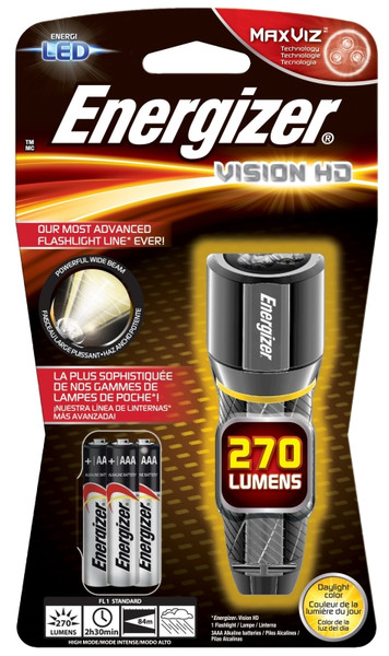 Energizer EPMHH32E Flashlight, AAA Battery, LED Lamp, 250 Lumens, 80 m Beam Distance, 2.5 hr Run Time, Silver [SKU: ORG1982743]