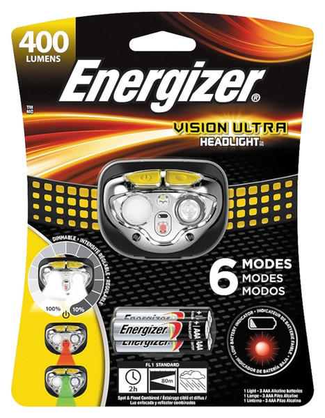 Energizer HDE32E Headlight, AAA Battery, LED Lamp, 400 Lumens, 80 m Beam Distance, 2 hr Run Time, Gray [SKU: ORG1981000]