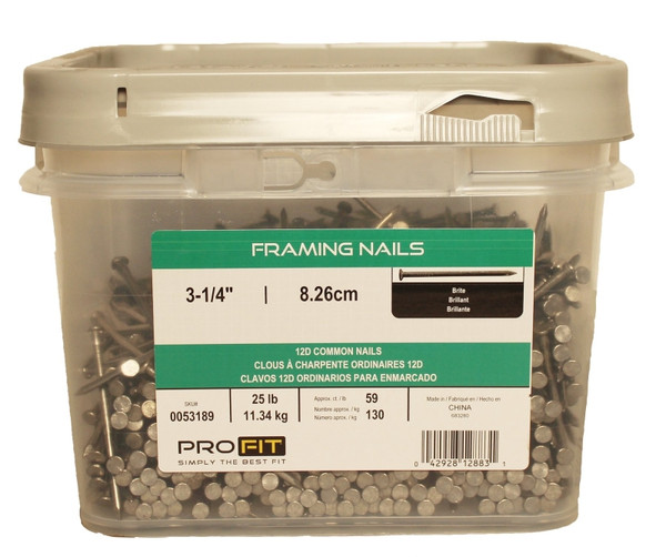 ProFIT 0053189 Common Nail, 12D, 3-1/4 in L, Steel, Brite, Flat Head, Round, Smooth Shank, 25 lb [SKU: ORG1929702]