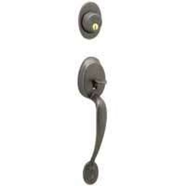 Schlage Plymouth Series F58PLY716 Handleset, Keyed Different Key, Solid Brass, Aged Bronze, 2-3/8 x 2-3/4 in Backset [SKU: ORG8814428]
