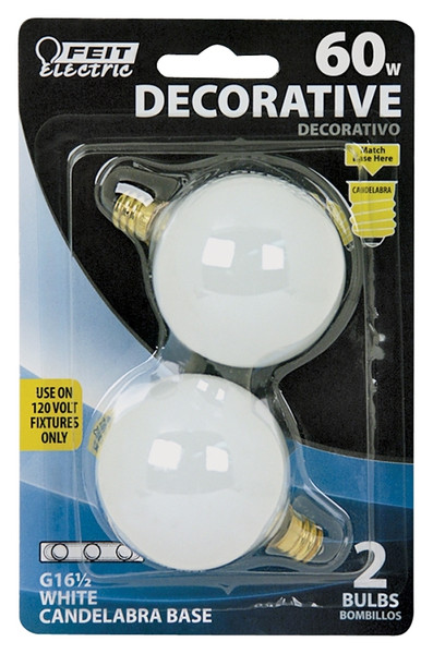 Feit Electric BP60G161/2/W Incandescent Lamp, 60 W, G16-1/2 Lamp, Candelabra E12 Lamp Base, 2700 K Color Temp [SKU: ORG6049241]