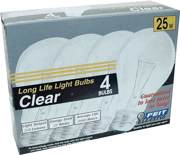 Feit Electric 25A/CL/4-130 Incandescent Bulb, 25 W, A19 Lamp, Medium E26 Lamp Base, 210 Lumens, 2700 K Color Temp [SKU: ORG6048805]