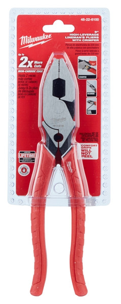 Milwaukee 48-22-6100 Lineman's Plier with Crimper, 9 in OAL, 1.77 in Cutting Capacity, Red Handle, Comfort-Grip Handle [SKU: ORG1383819]
