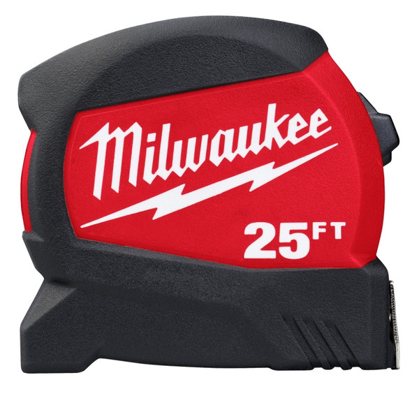 Milwaukee 48-22-0425 Tape Measure, 25 ft L Blade, 1/2 in W Blade, Steel Blade, ABS Case, Black/Red Case [SKU: ORG1384460]