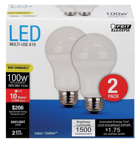 Feit Electric A1600/850/10KLED/2 LED Lamp, General Purpose, A19 Lamp, 100 W Equivalent, E26 Lamp Base, White [SKU: ORG9961517]