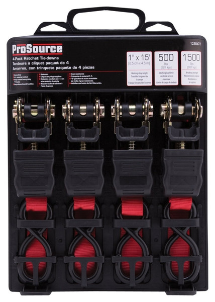 ProSource FH64069 Tie-Down, 1 in W, 15 ft L, Polyester Webbing, Metal Ratchet, Red, 500 lb, S-Hook End Fitting [SKU: ORG1235472]
