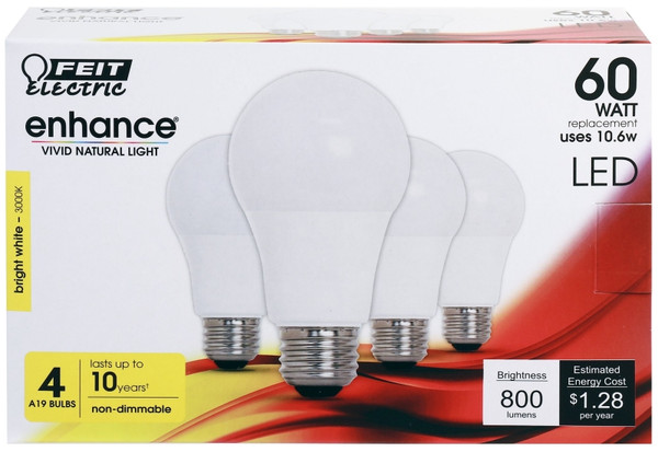 Feit Electric OM60/930CA10K/4 LED Bulb, General Purpose, A19 Lamp, 60 W Equivalent, E26 Lamp Base, Bright White Light [SKU: ORG0273227]