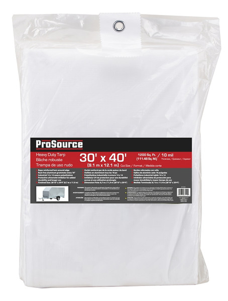 ProSource TW3040 Tarp, 40 ft L, 30 ft W, 10 mil Thick, Plastic, White [SKU: ORG8170128]