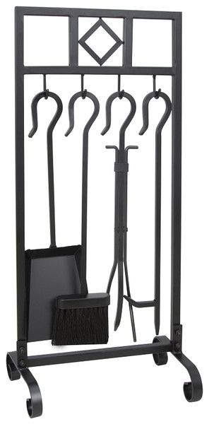 Simple Spaces T58993BK Fireplace Tool Set, Tools with Stand, Steel, Black, Powder Coated, 5-Piece [SKU: ORG7420516]