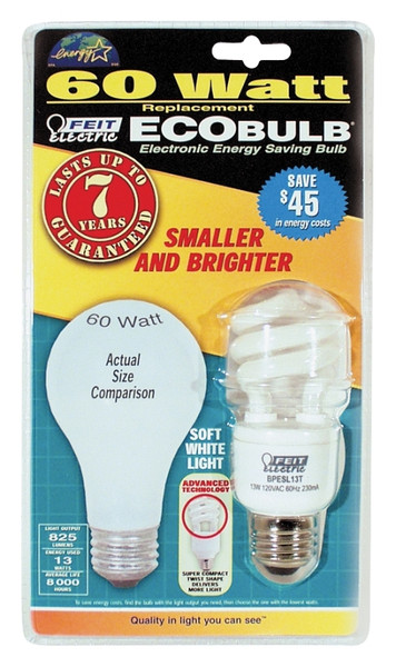 Feit Electric BPESL13T Compact Fluorescent Lamp, 13 W, Spiral Lamp, Medium E26 Lamp Base, 800 Lumens, 2700 K Color Temp [SKU: ORG9141854]