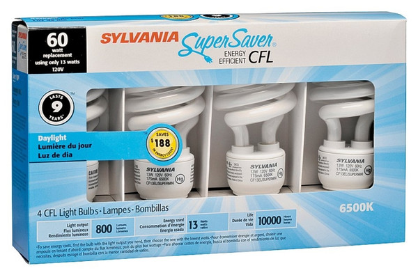 Sylvania 20016 Compact Fluorescent Bulb, 13 W, Spiral Lamp, Medium E26 Lamp Base, 800 Lumens, 6500 K Color Temp [SKU: ORG1794817]