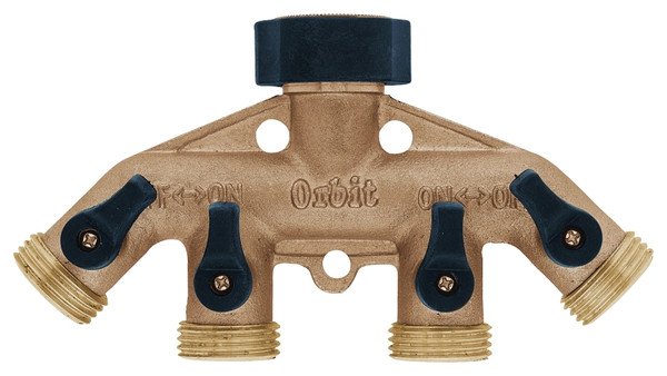 Orbit 62010N Hose Faucet Manifold, 3/4 in Swivel x MHT, 4-Port/Way, Brass [SKU: ORG9034430]