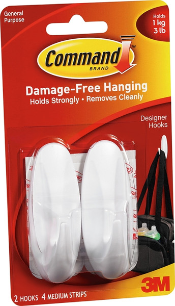 Command 17081-2VP Designer Hook, 3 lb, 4-Hook, Plastic, White [SKU: ORG5677547]