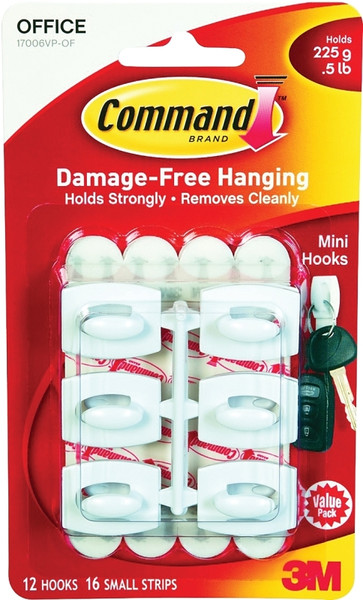 Command 17006-VP Adhesive Hook, 0.5 lb, 18-Hook, Plastic, White [SKU: ORG6840854]