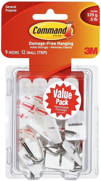 Command 17067-VP Wire Hook, 5/8 in Opening, 0.5 lb, 9-Hook, Plastic, White [SKU: ORG9225038]