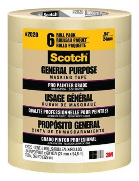 Scotch 2020-24ECP Masking Tape, 60 yd L, 0.94 in W, Crepe Paper Backing, Tan [SKU: ORG7229503]