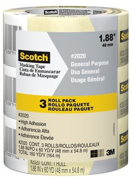 Scotch 2020-48ECP Masking Tape, 60 yd L, 1.89 in W, Crepe Paper Backing, Tan [SKU: ORG7229529]