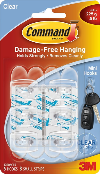 Command 17006CLR Adhesive Hook, 0.5 lb, 6-Hook, Plastic, Transparent [SKU: ORG6880280]