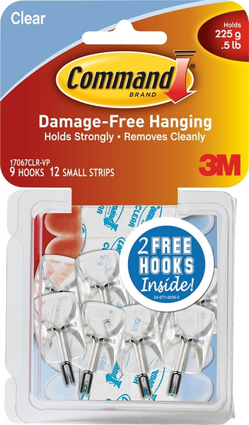 Command 17067CLR-VP Wire Hook, 0.5 lb, 9-Hook, Plastic, Clear [SKU: ORG4372769]