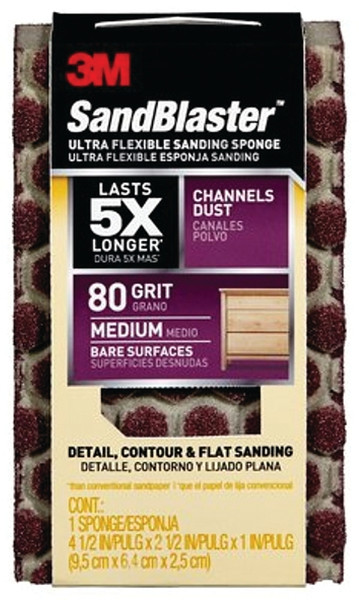 Scotch 20908-80-UFS Sanding Sponge, 4-1/2 in L, 2-1/2 in W, 80 Grit, Medium, Aluminum Oxide Abrasive [SKU: ORG7185895]