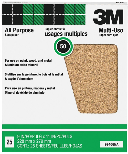 3M 99406 Sandpaper Sheet, 11 in L, 9 in W, Coarse, 50 Grit, Aluminum Oxide Abrasive, Paper Backing [SKU: ORG6641096]