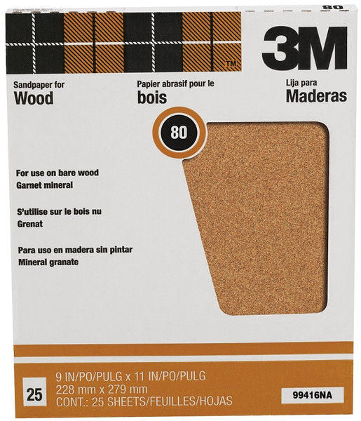 3M 99416NA Sandpaper, 11 in L, 9 in W, Medium, 80 Grit, Garnet Abrasive, Paper Backing [SKU: ORG6985899]