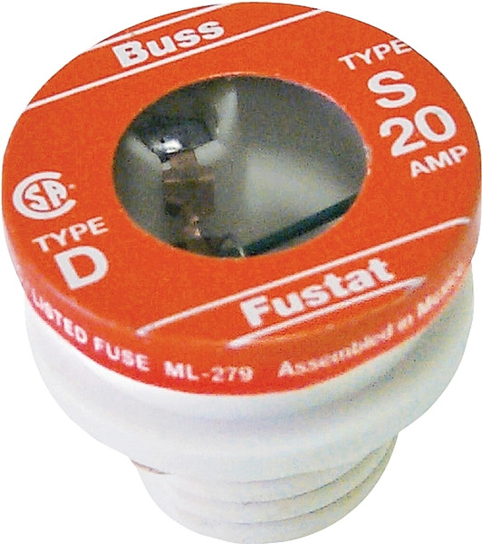 Bussmann BP/S-20 Plug Fuse, 20 A, 125 V, 10 kA Interrupt, Low Voltage, Time Delay Fuse [SKU: ORG8349920]