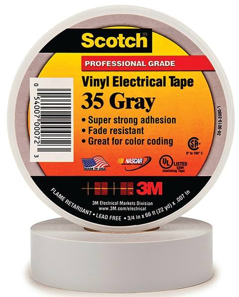 Scotch 35 Electrical Tape, 66 ft L, 3/4 in W, PVC Backing, Gray [SKU: ORG5020078]