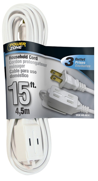 PowerZone Extension Cord, 16 AWG Cable, 15 ft L, 13 A, 125 V, White [SKU: ORG4484614]