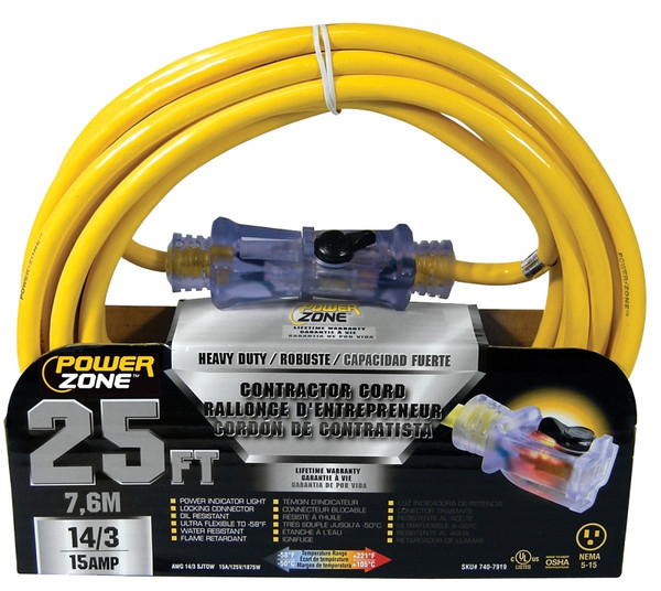 PowerZone Extension Cord, 14 AWG Cable, 25 ft L, 15 A, 125 V, Yellow [SKU: ORG7407919]
