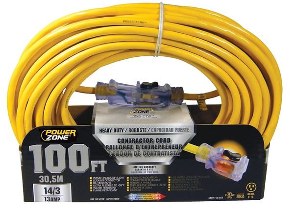 PowerZone Contractor Cord, 14 AWG Cable, 100 ft L, 13 A, 125 V, Yellow [SKU: ORG7433675]