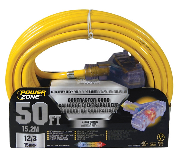 PowerZone Contractor Cord, 12 AWG Cable, 50 ft L, 15 A, 125 V, Yellow [SKU: ORG7606908]