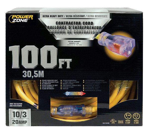PowerZone Contractor Cord, 10 AWG Cable, 100 ft L, 20 A, 125 V, Yellow [SKU: ORG7690308]