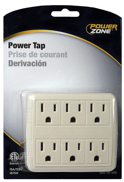 PowerZone OR801011 Outlet Tap, 125 V, 6 -Outlet, White [SKU: ORG7843006]