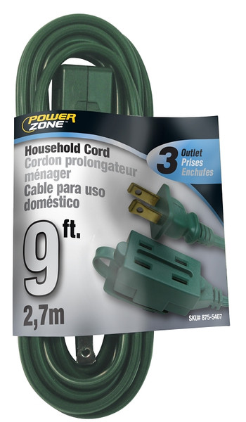 PowerZone Extension Cord, 16 AWG Cable, 9 ft L, 13 A, 125 V, Green [SKU: ORG8755407]