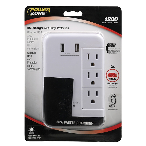PowerZone ORRUSB346S USB Charger with Surge Protection, 2 -Pole, 3.4 A, White [SKU: ORG3069515]