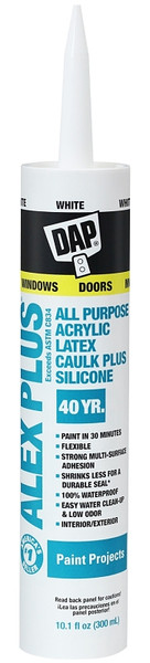 DAP ALEX PLUS 18152 Acrylic Latex Caulk with Silicone, White, -20 to 180 deg F, 10.1 fl-oz Cartridge [SKU: ORG8524530]