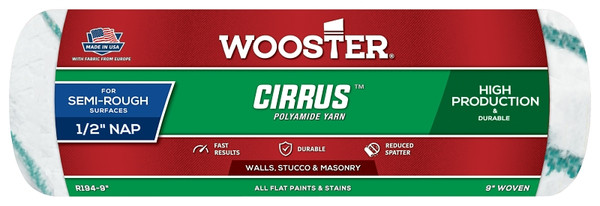 WOOSTER CIRRUS R194-9 Roller Cover, 1/2 in Thick Nap, 9 in L, Polyamide Yarn Fabric Cover, White [SKU: ORG7379084]