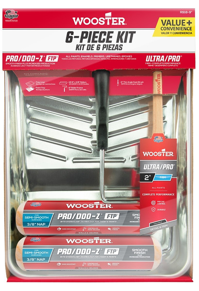 WOOSTER PRO/DOO-Z FTP R918-9 Paint Roller Kit, Semi-Smooth Surface, Polypropylene, 6-Piece [SKU: ORG4038436]