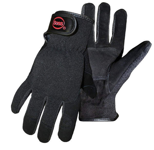 BOSS GUARD 4043L Mechanic Gloves, Unisex, L, Open, Shirred Elastic Back Cuff, Goatskin Leather/Spandex, Black [SKU: ORG0042556]