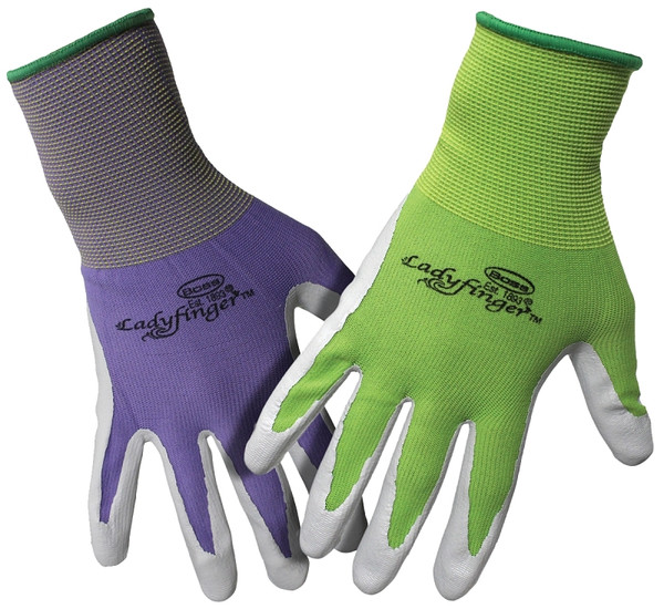 BOSS LADYFINGER 8438XS Coated Gloves, Women's, XS, Nitrile Coating, Nylon Glove, Green/Pink/Purple [SKU: ORG9069840]