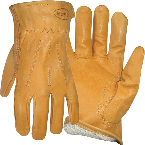 BOSS 6133M Driver Gloves, M, Keystone Thumb, Open, Shirred Elastic Back Cuff, Cowhide Leather, Gold [SKU: ORG5845003]