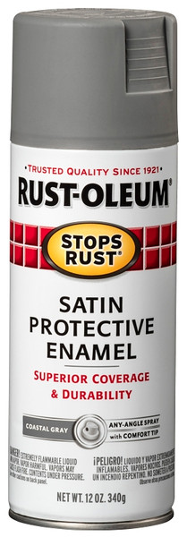 RUST-OLEUM STOPS RUST 312819 Enamel Spray Paint, Satin, Coastal Gray, 12 oz, Aerosol Can [SKU: ORG8515413]