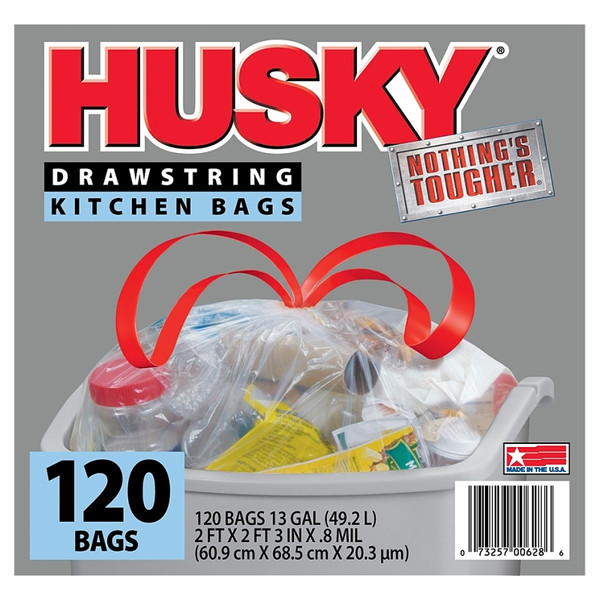 Husky HK13DS120C-P Kitchen Trash Bag, 13 gal Capacity, Polyethylene, Clear [SKU: ORG7149917]
