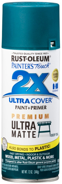 RUST-OLEUM PAINTER'S Touch 2X ULTRA COVER 331185 Spray Paint, Matte, Deep Teal, 12 oz, Aerosol Can [SKU: ORG1192855]