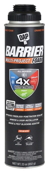 DAP Barrier 7565012532 Multi-Project Foam Sealant, Orange, 4 hr Functional Cure, 20 to 120 deg F, 23 oz Aerosol Can [SKU: ORG8043309]