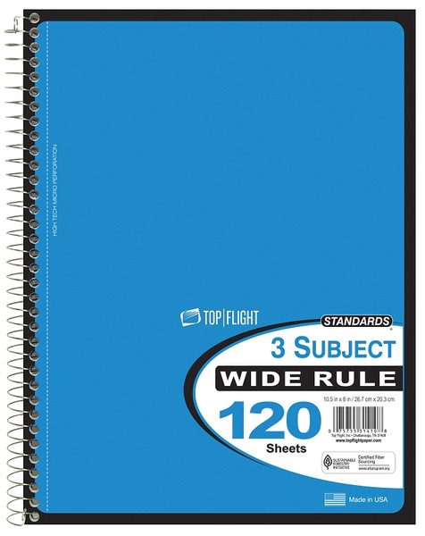 TOP FLIGHT WB120DPF 4511880 Wide Rule Notebook, Micro-Perforated Sheet, 120-Sheet, Wirebound Binding [SKU: ORG7107451]
